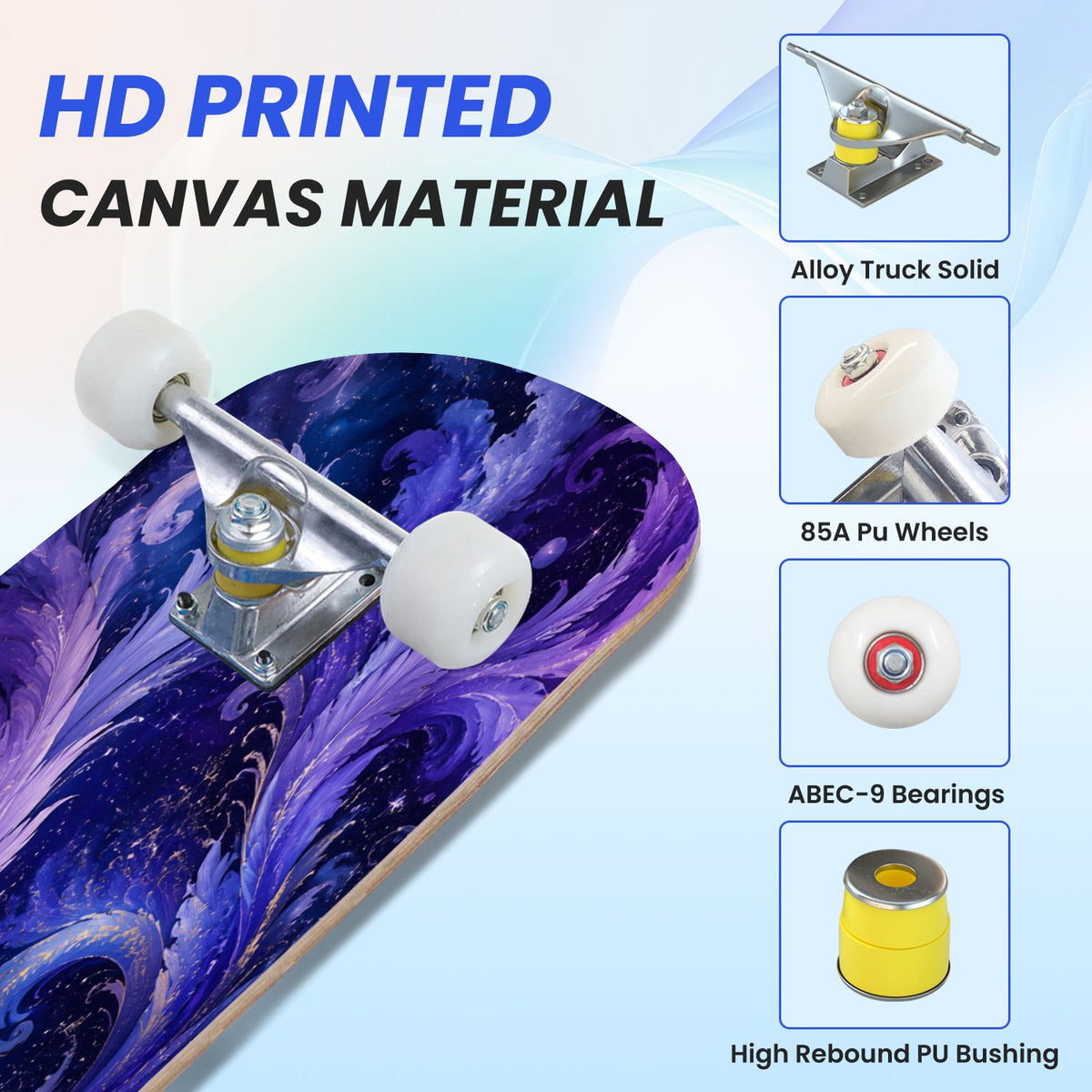 31"x8" Complete Skateboards for Beginners, Purple White Cosmos Flowers Butterflies Watercolor Double Kick 7 Ply Canadian Maple Deck Skateboard with Wheels, Gifts for Kids Teens