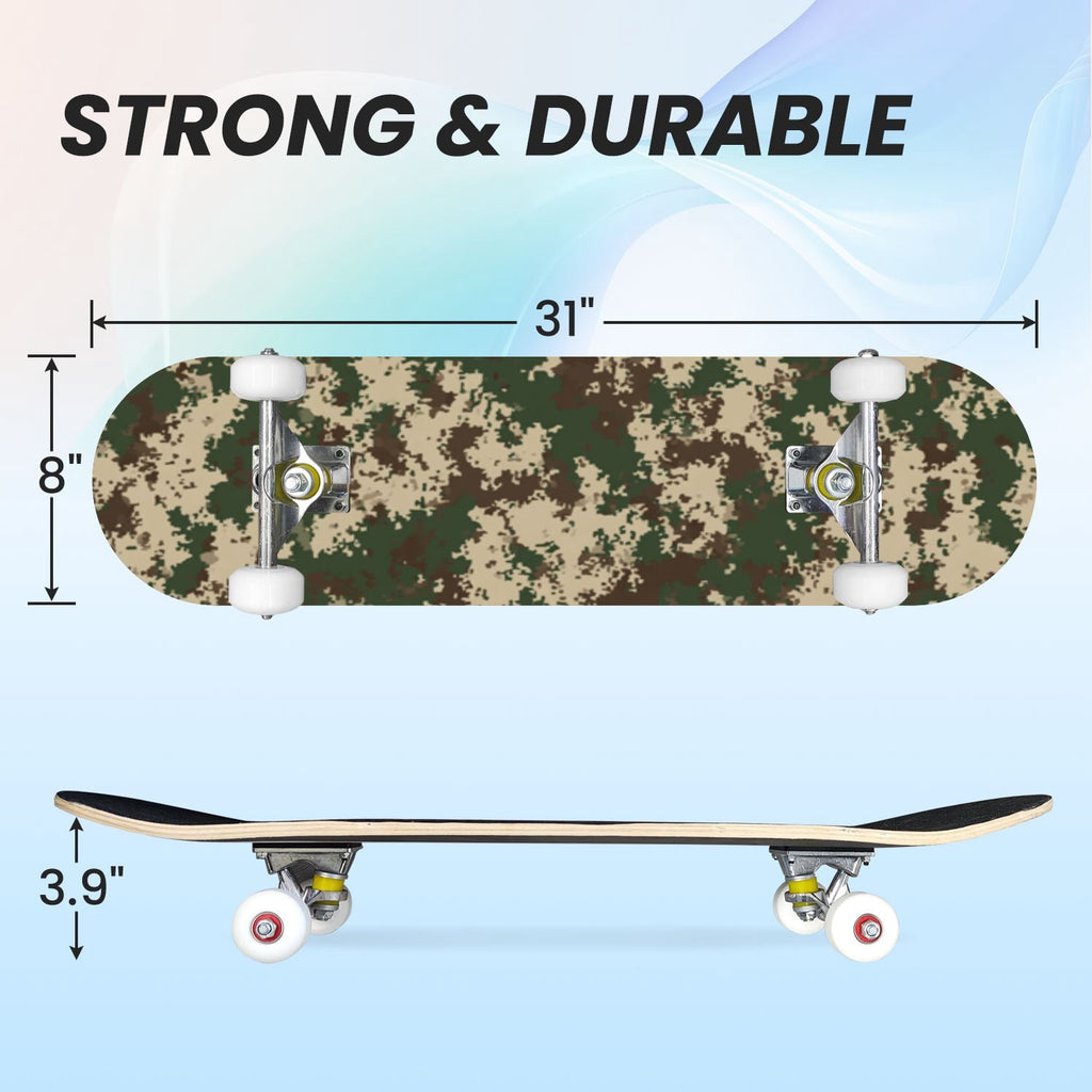 31"x8" Complete Skateboards for Beginners,Desert Camouflage Beige Tan Cream Organic Abstract Shapes Double Kick 7 Ply Canadian Maple Deck Skateboard with Wheels, Gifts for Kids Teens