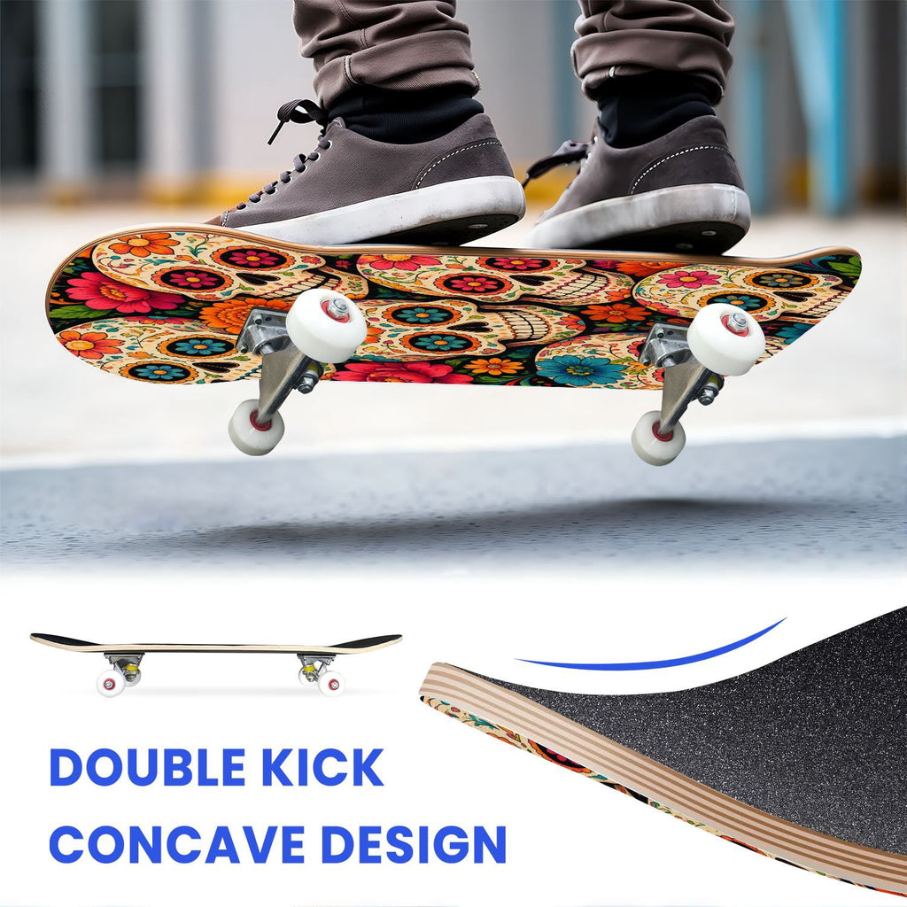 31"x8" Complete Skateboards for Beginners, Colorful Sugar Skulls Floral Patterns Mexican Double Kick 7 Ply Canadian Maple Deck Skateboard with Wheels, Gifts for Kids Teens