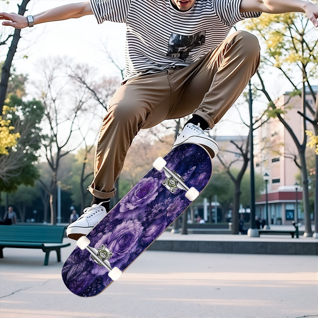 31"x8" Complete Skateboards for Beginners, Mystical Purple Butterfly Glowing Mushrooms Under Full Moon Double Kick 7 Ply Canadian Maple Deck Skateboard with Wheels, Gifts for Kids Teens