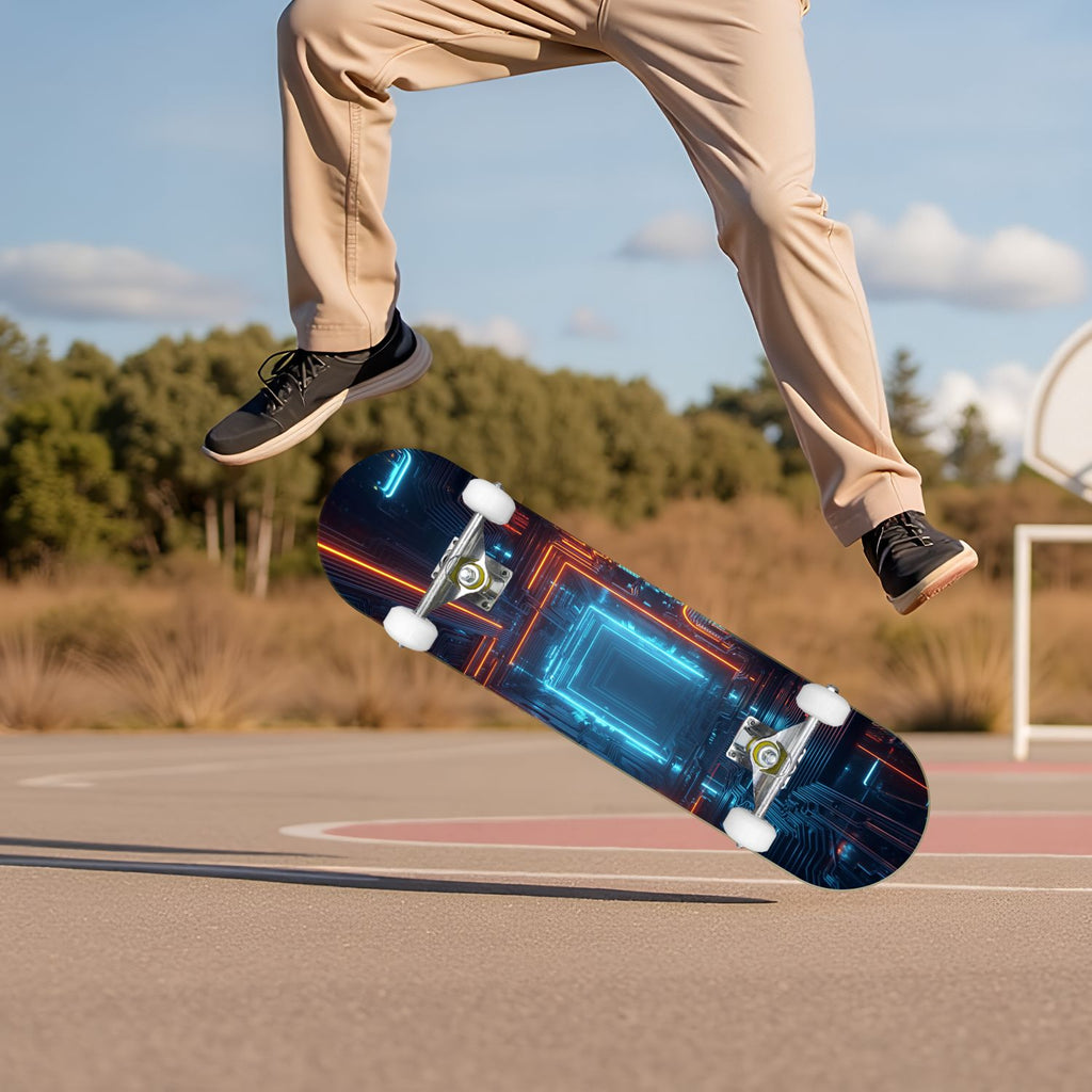 Futuristic Glowing Orange Neon Lines Dark Metallic Panels 31" x 8" Complete Skateboard, 7-Ply Canadian Maple Double Kick Trick Board for Kids and Beginners Adult Gifts