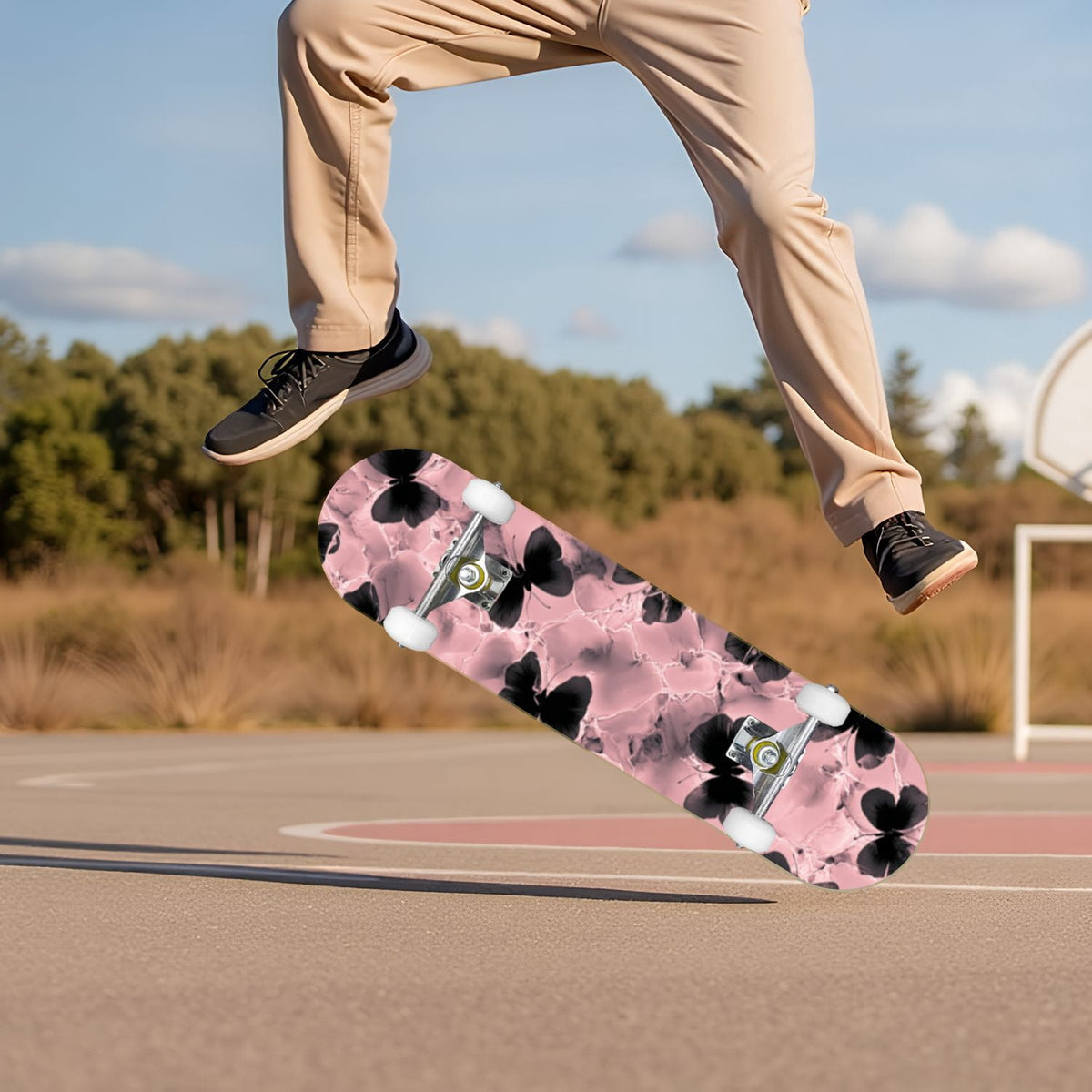 Delicate Pink Floral Ribbon Design 31" x 8" Complete Skateboard, 7-Ply Canadian Maple Double Kick Trick Board for Kids and Beginners Adult Gifts