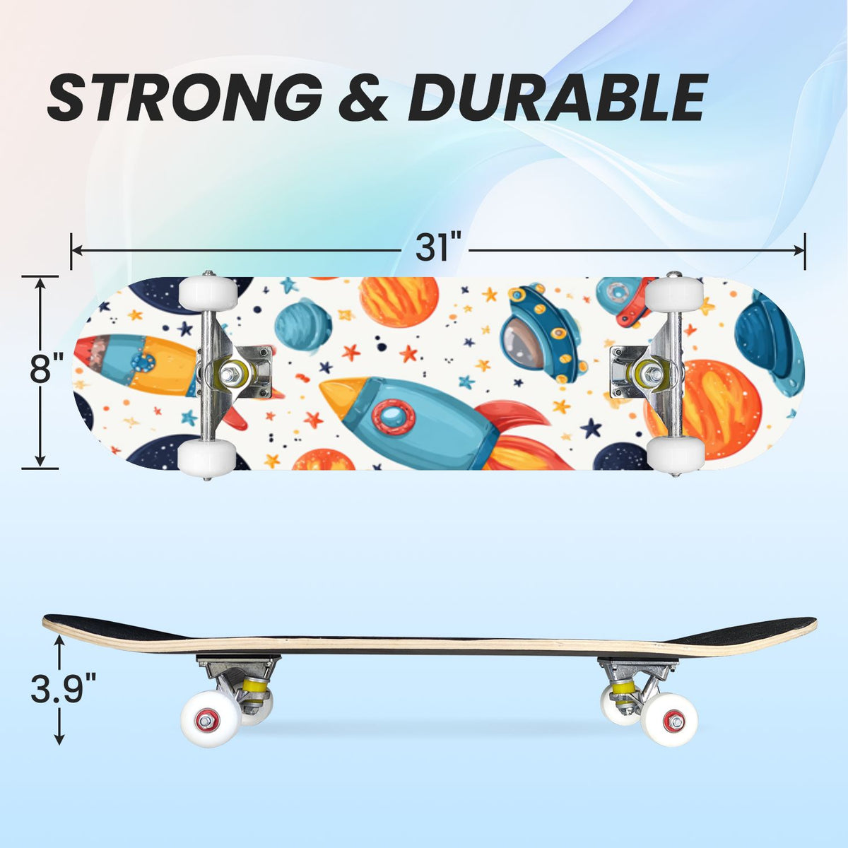 31"x8" Complete Skateboards for Beginners,Cartoon Hand Drawn Ice Cream Doodles Seamless Cones Cupcakes Double Kick 7 Ply Canadian Maple Deck Skateboard with Wheels, Gifts for Kids Teens