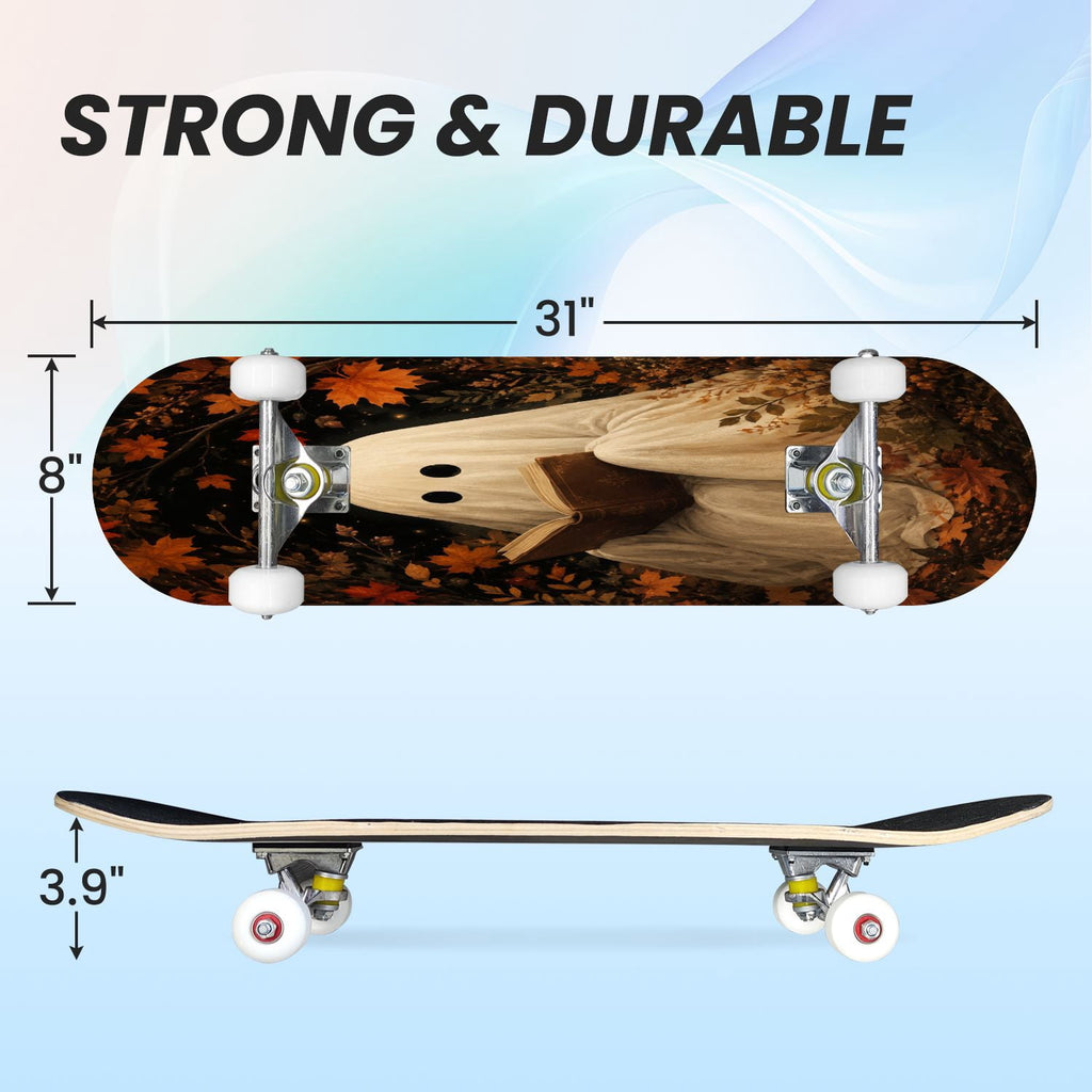 31"x8" Complete Skateboards for Beginners,Halloween Forest Bats Black Cat Glowing Double Kick 7 Ply Canadian Maple Deck Skateboard with Wheels, Gifts for Kids Teens