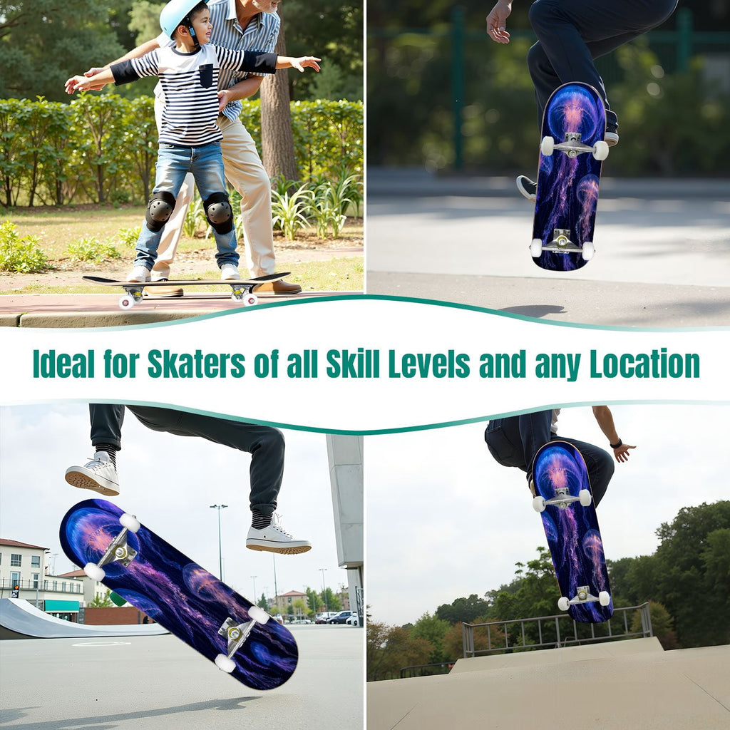 31"x8" Complete Skateboards for Beginners, Underwater Sharks Glowing Purple Jellyfish Marine Life Double Kick 7 Ply Canadian Maple Deck Skateboard with Wheels, Gifts for Kids Teens