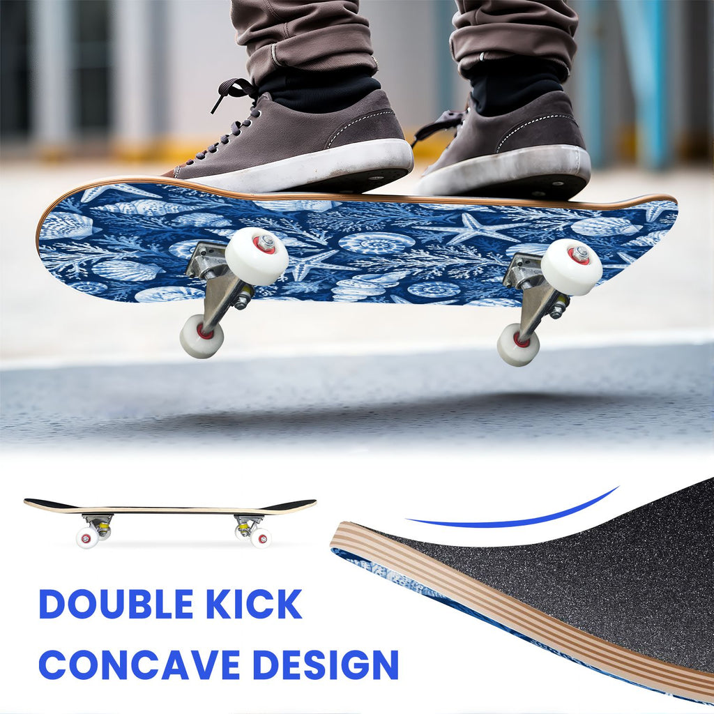 31"x8" Complete Skateboards for Beginners, Seashell Starfish Blue White Nautical Marine Life Double Kick 7 Ply Canadian Maple Deck Skateboard with Wheels, Gifts for Kids Teens