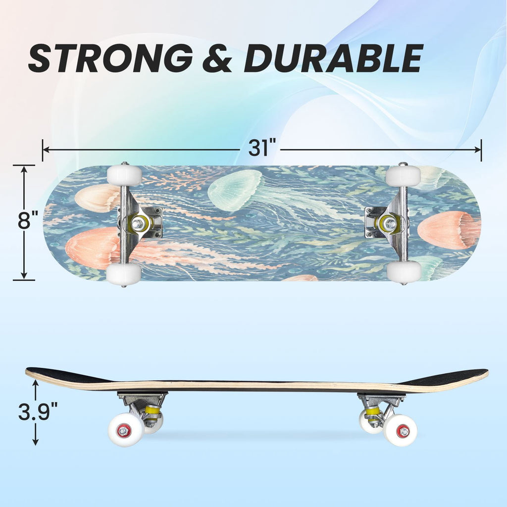 31"x8" Complete Skateboards for Beginners,Blue Botanical Leaf White Double Kick 7 Ply Canadian Maple Deck Skateboard with Wheels, Gifts for Kids Teens