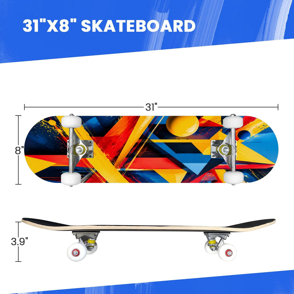 Complete Skateboard Colorful Splash Art Headphones 31 Inch 7-Ply Maple Skateboard with PU Wheels and Aluminum Trucks, Ready-to-Ride Skateboard for Beginners, Teens and Adults