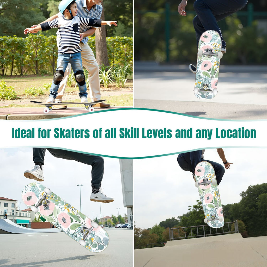 31"x8" Complete Skateboards for Beginners, Elegant Floral Pink Roses Blue Butterflies Double Kick 7 Ply Canadian Maple Deck Skateboard with Wheels, Gifts for Kids Teens