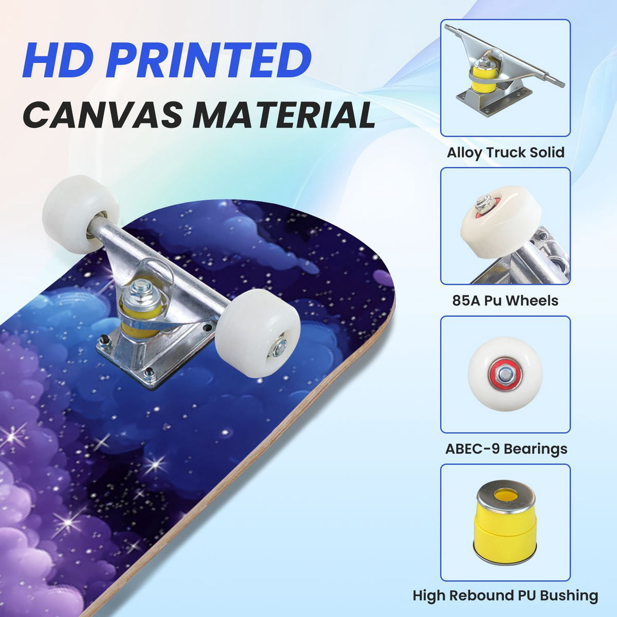 31"x8" Complete Skateboards for Beginners, Pastel Sky Fluffy Clouds Pink Purple Blue Summer Decor Double Kick 7 Ply Canadian Maple Deck Skateboard with Wheels, Gifts for Kids Teens