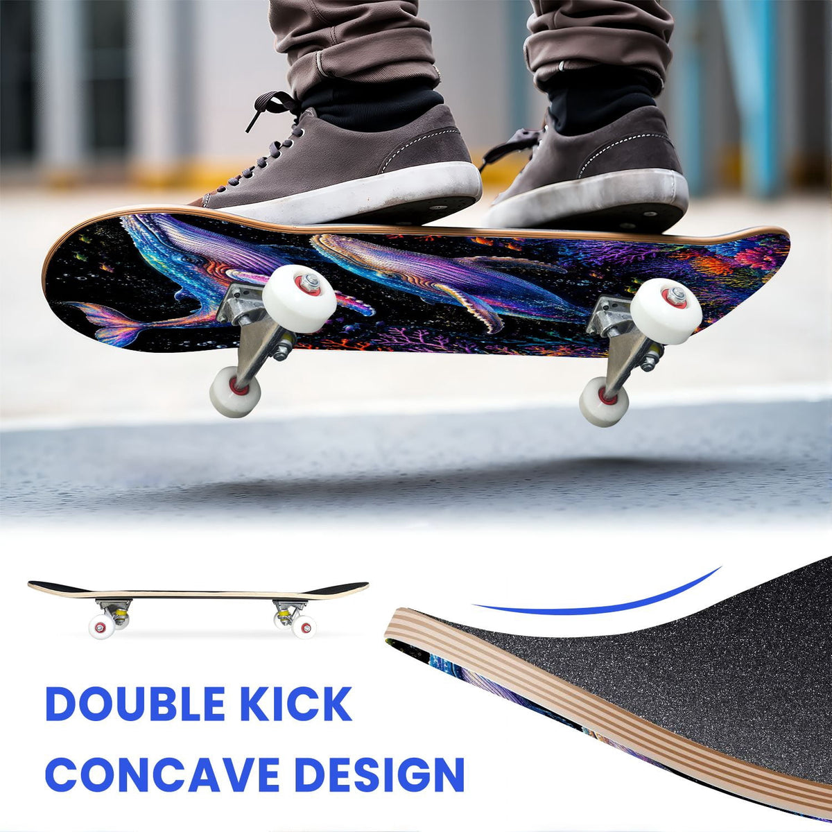 31"x8" Complete Skateboards for Beginners, Colorful Underwater Two Seahorses Coral Reefs Double Kick 7 Ply Canadian Maple Deck Skateboard with Wheels, Gifts for Kids Teens