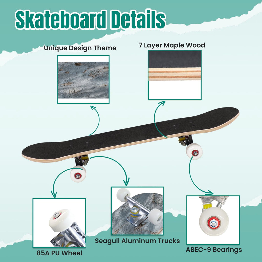 Modern Botanical Watercolor Pink Gold Mint Navy Leaves 31" x 8" Complete Skateboard, 7-Ply Canadian Maple Double Kick Trick Board for Kids and Beginners Adult Gifts