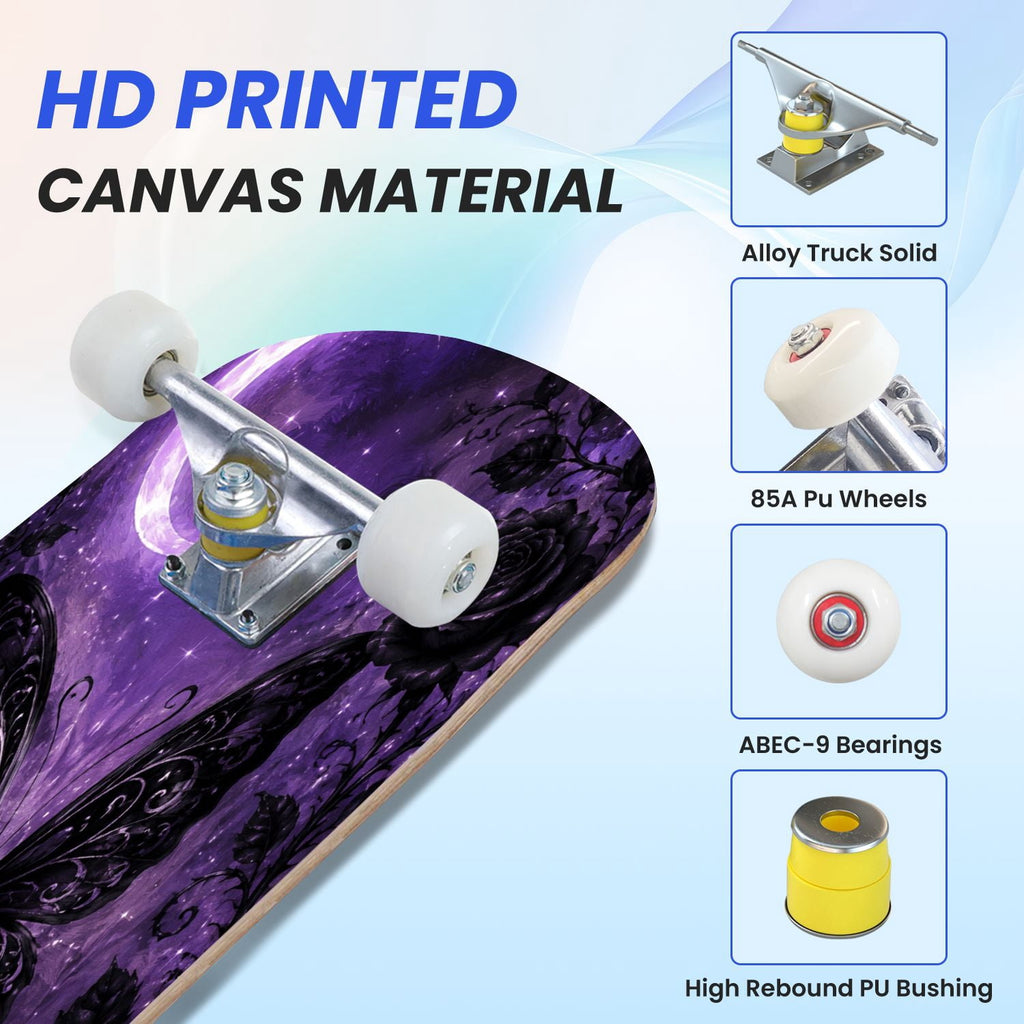 31"x8" Complete Skateboards for Beginners, Purple Floral Roses Butterfly Starry Vintage Botanical Double Kick 7 Ply Canadian Maple Deck Skateboard with Wheels, Gifts for Kids Teens