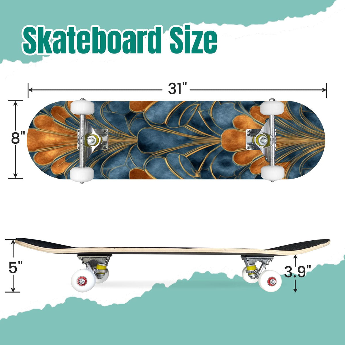Starry Nebula Deep Blue Purple Tones Cosmic Clouds Stars 31" x 8" Complete Skateboard, 7-Ply Canadian Maple Double Kick Trick Board for Kids and Beginners Adult Gifts