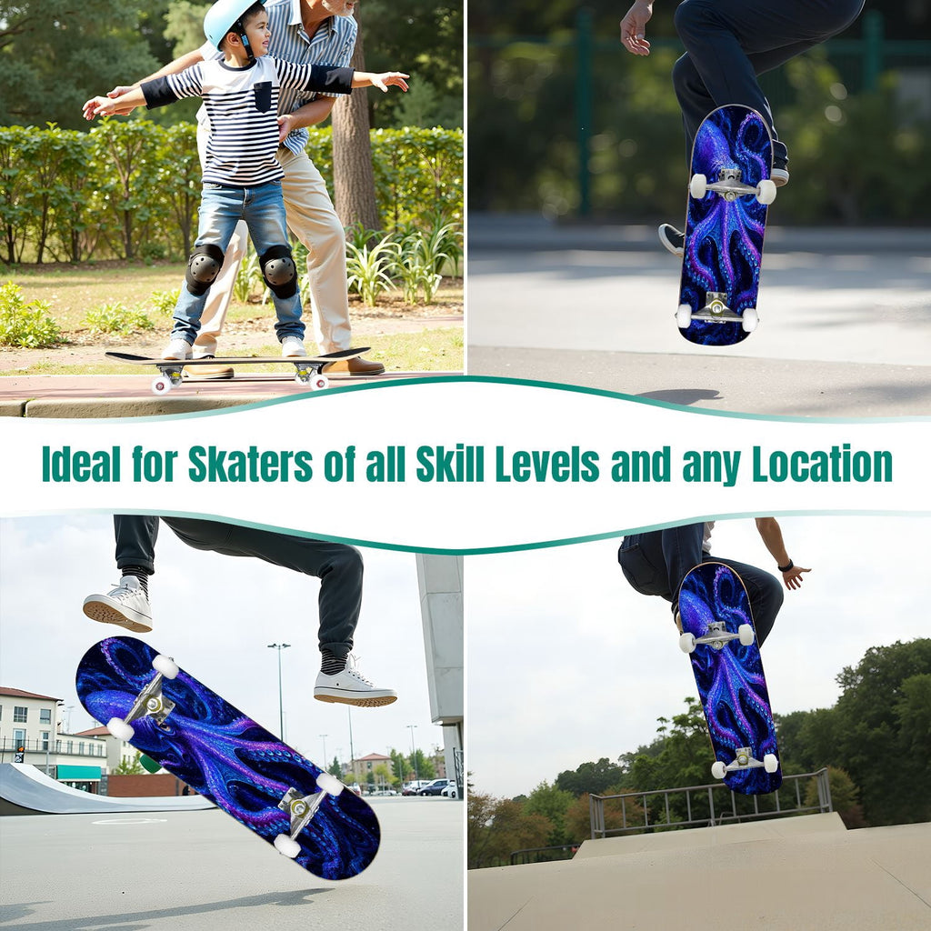 31"x8" Complete Skateboards for Beginners, Colorful Underwater Two Seahorses Coral Reefs Double Kick 7 Ply Canadian Maple Deck Skateboard with Wheels, Gifts for Kids Teens