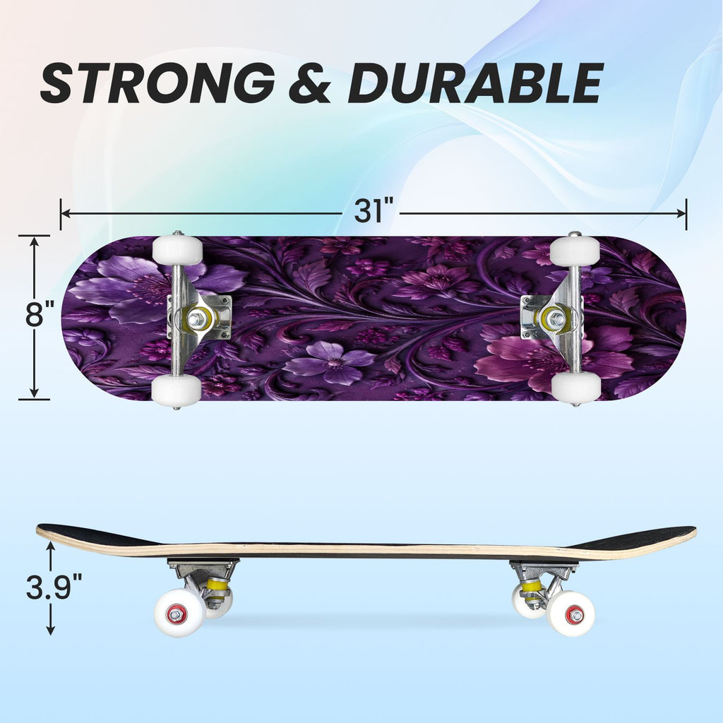 31"x8" Complete Skateboards for Beginners, Purple Celestial Moon Sun Art Floral Stars Double Kick 7 Ply Canadian Maple Deck Skateboard with Wheels, Gifts for Kids Teens