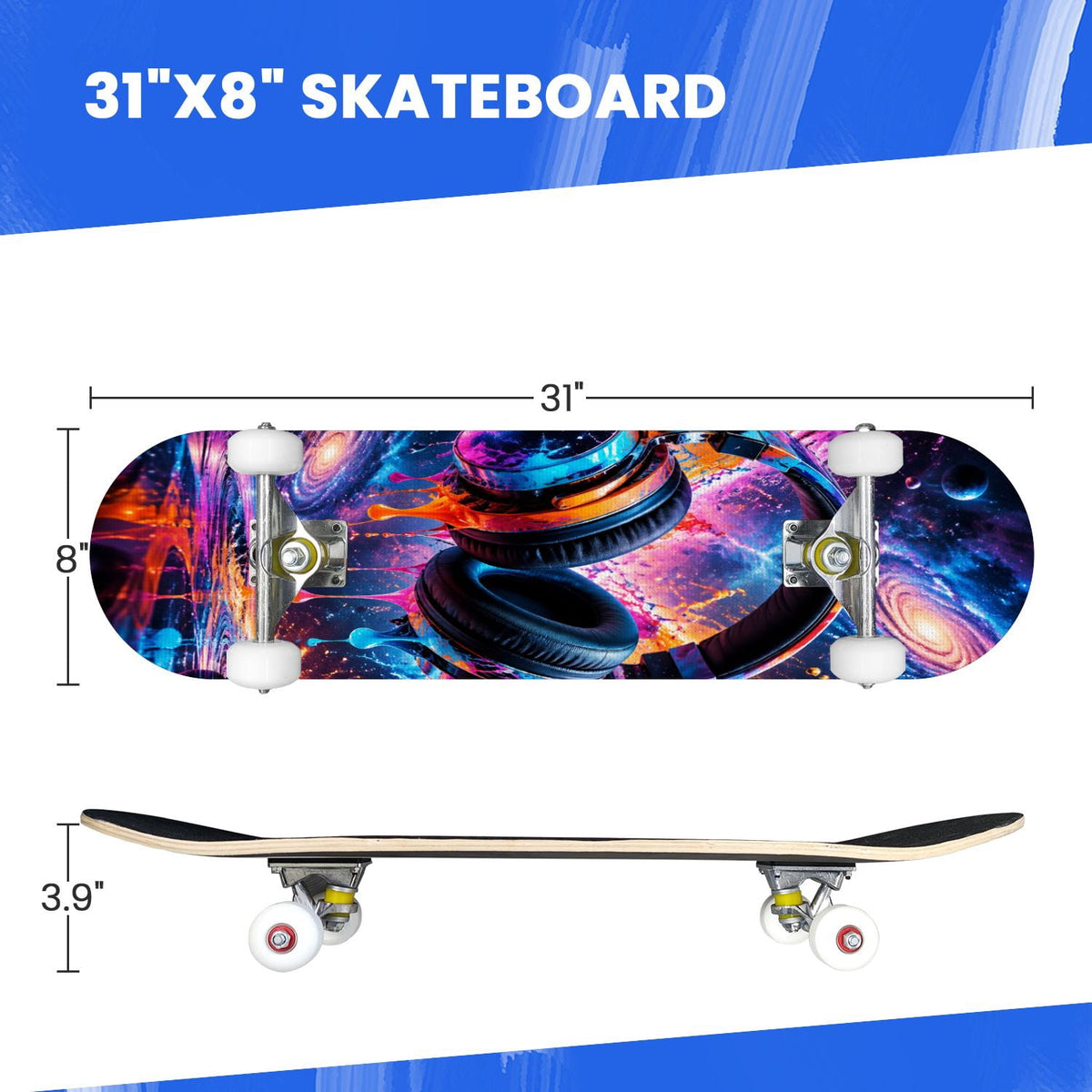 Complete Skateboard Colorful Splash Art Headphones 31 Inch 7-Ply Maple Skateboard with PU Wheels and Aluminum Trucks, Ready-to-Ride Skateboard for Beginners, Teens and Adults