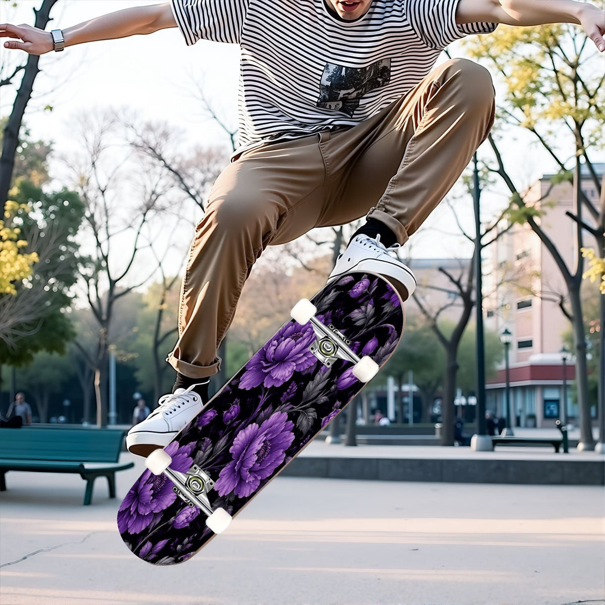 31"x8" Complete Skateboards for Beginners, Purple Celestial Moon Sun Art Floral Stars Double Kick 7 Ply Canadian Maple Deck Skateboard with Wheels, Gifts for Kids Teens