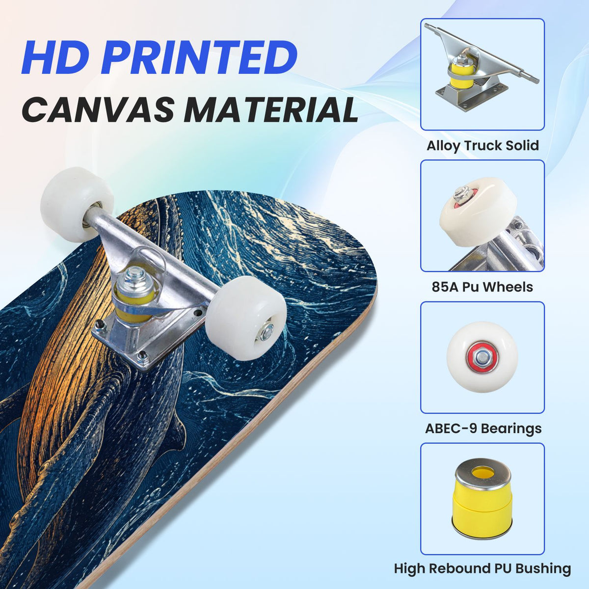 31"x8" Complete Skateboards for Beginners, Underwater Sharks Glowing Purple Jellyfish Marine Life Double Kick 7 Ply Canadian Maple Deck Skateboard with Wheels, Gifts for Kids Teens