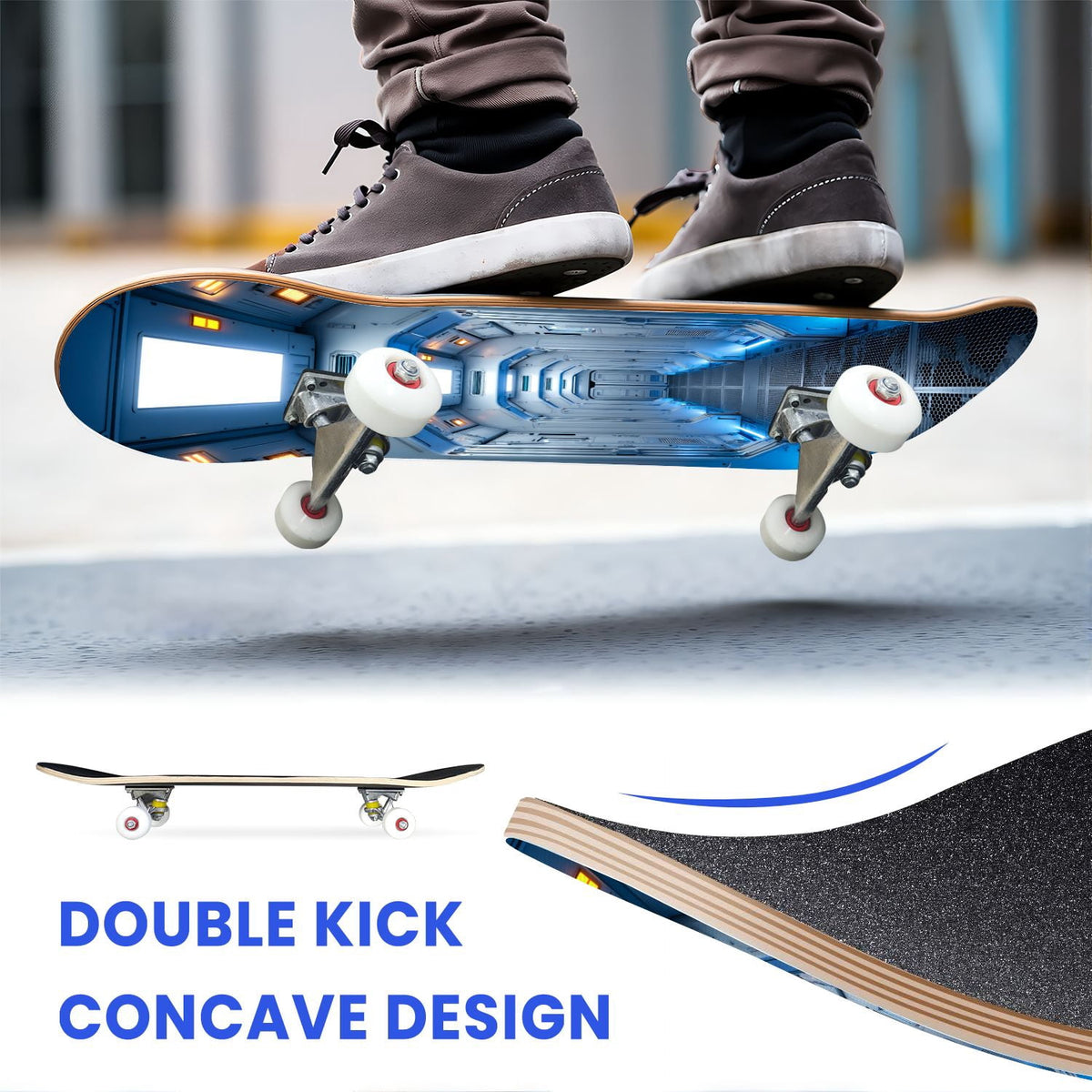 31"x8" Complete Skateboards for Beginners,Black Hexagon Honeycomb Glowing Blue Accents Double Kick 7 Ply Canadian Maple Deck Skateboard with Wheels, Gifts for Kids Teens