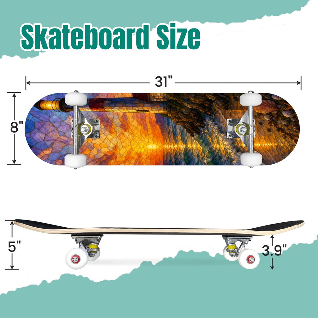 Rose Teal Rose Painting Turquoise Blue Flower Kitchen Decor 31" x 8" Complete Skateboard, 7-Ply Canadian Maple Double Kick Trick Board for Kids and Beginners Adult Gifts