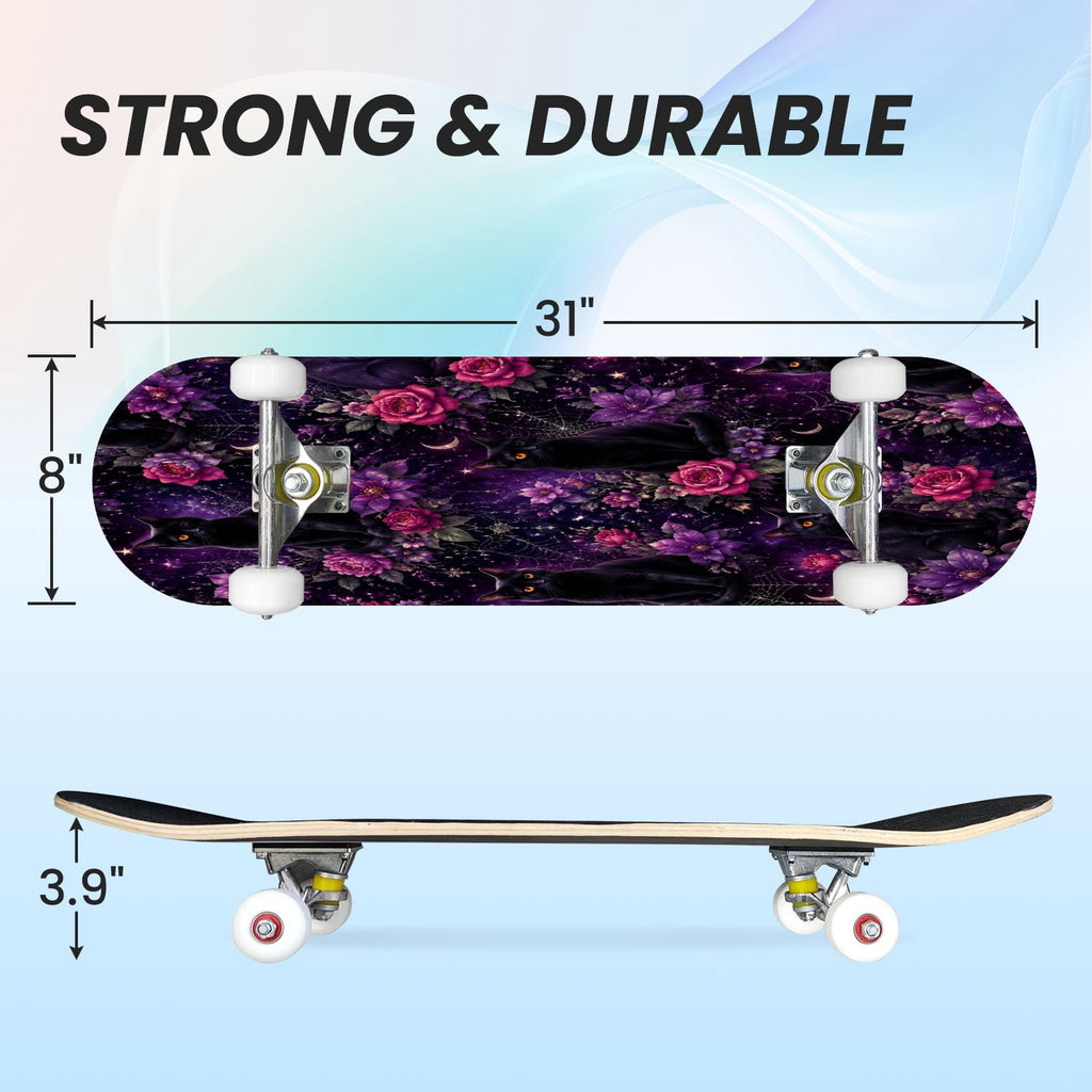 31"x8" Complete Skateboards for Beginners, Glowing Bioluminescent Mushrooms Mystical Forest Double Kick 7 Ply Canadian Maple Deck Skateboard with Wheels, Gifts for Kids Teens