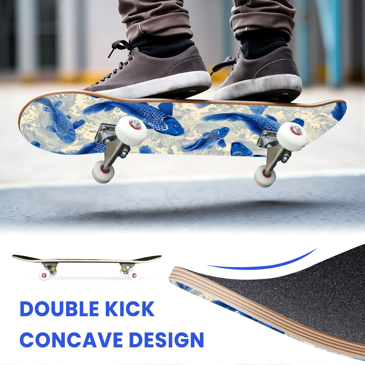 31"x8" Complete Skateboards for Beginners, Turquoise Flowers Teal Daisy Flower Butterfly Blue Romantic Double Kick 7 Ply Canadian Maple Deck Skateboard with Wheels, Gifts for Kids Teens