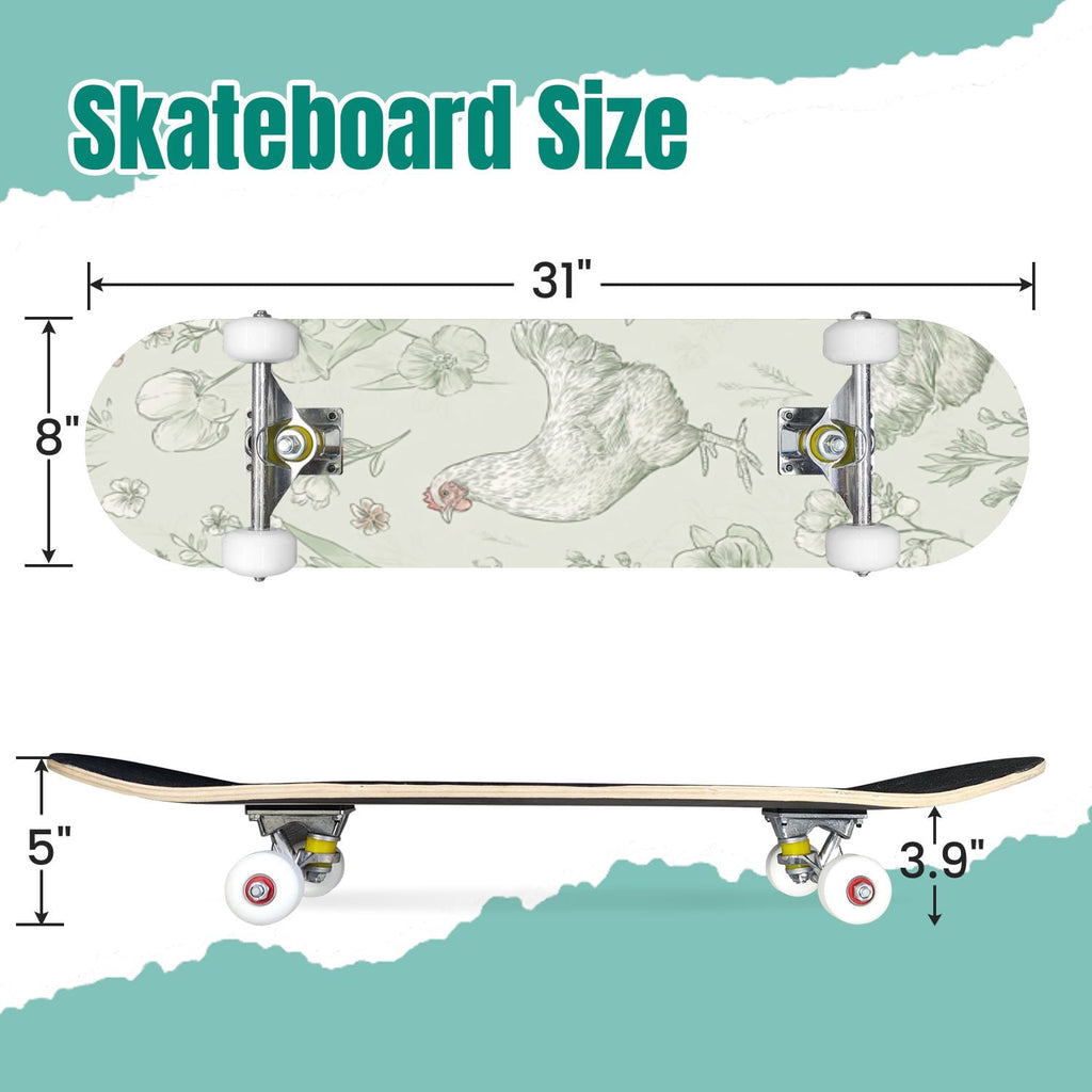 Buffalo Tan Grass Illustrations 31" x 8" Complete Skateboard, 7-Ply Canadian Maple Double Kick Trick Board for Kids and Beginners Adult Gifts