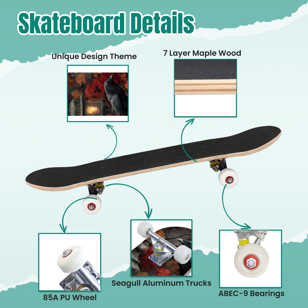 Gothic Purple Blue Floral Dark 31" x 8" Complete Skateboard, 7-Ply Canadian Maple Double Kick Trick Board for Kids and Beginners Adult Gifts