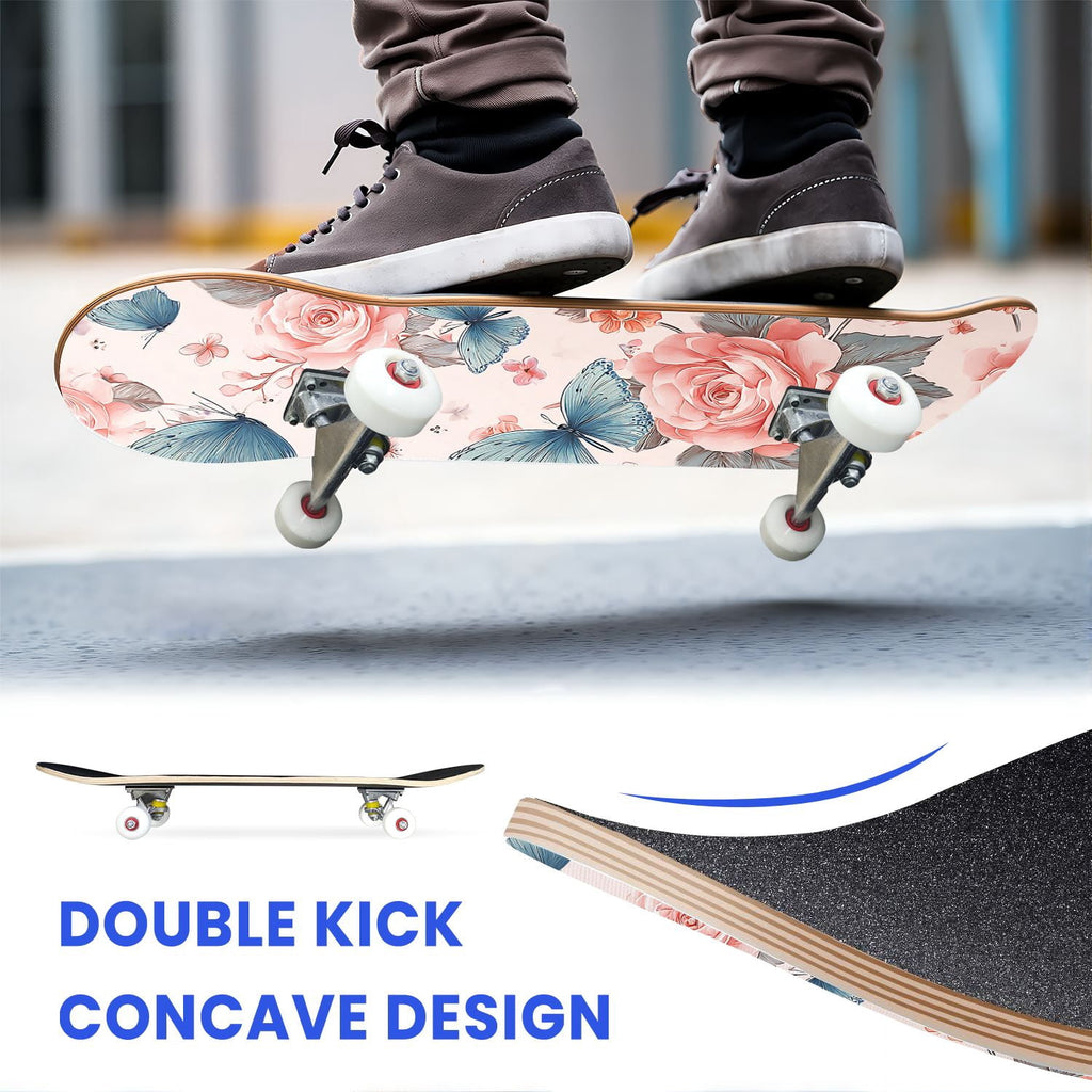 31"x8" Complete Skateboards for Beginners, Elegant Floral Pink Roses Blue Butterflies Double Kick 7 Ply Canadian Maple Deck Skateboard with Wheels, Gifts for Kids Teens