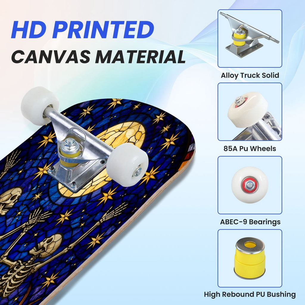 31"x8" Complete Skateboards for Beginners, Colorful Sugar Skull Vibrant Floral Day of the Dead Double Kick 7 Ply Canadian Maple Deck Skateboard with Wheels, Gifts for Kids Teens