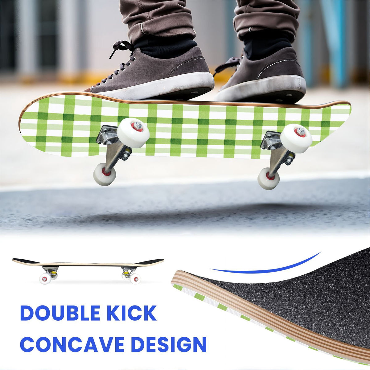 31"x8" Complete Skateboards for Beginners,Green White Plaid Checkered Watercolor Double Kick 7 Ply Canadian Maple Deck Skateboard with Wheels, Gifts for Kids Teens