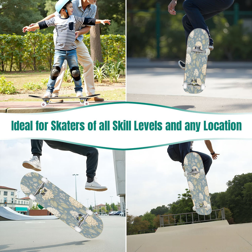 31"x8" Complete Skateboards for Beginners,Blue White Toile Rabbits Birds Floral Motifs Double Kick 7 Ply Canadian Maple Deck Skateboard with Wheels, Gifts for Kids Teens