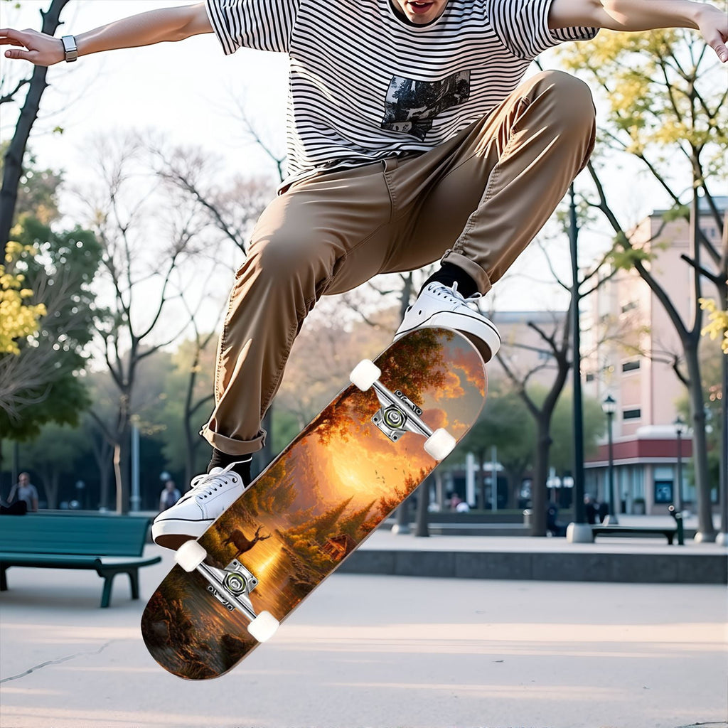 31"x8" Complete Skateboards for Beginners, White Birch Tree Bark Natural Knots Horizontal Lines Double Kick 7 Ply Canadian Maple Deck Skateboard with Wheels, Gifts for Kids Teens