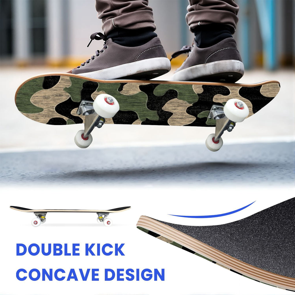 31"x8" Complete Skateboards for Beginners,Abstract Natural Earthy Tones Brush Strokes Camouflage Double Kick 7 Ply Canadian Maple Deck Skateboard with Wheels, Gifts for Kids Teens