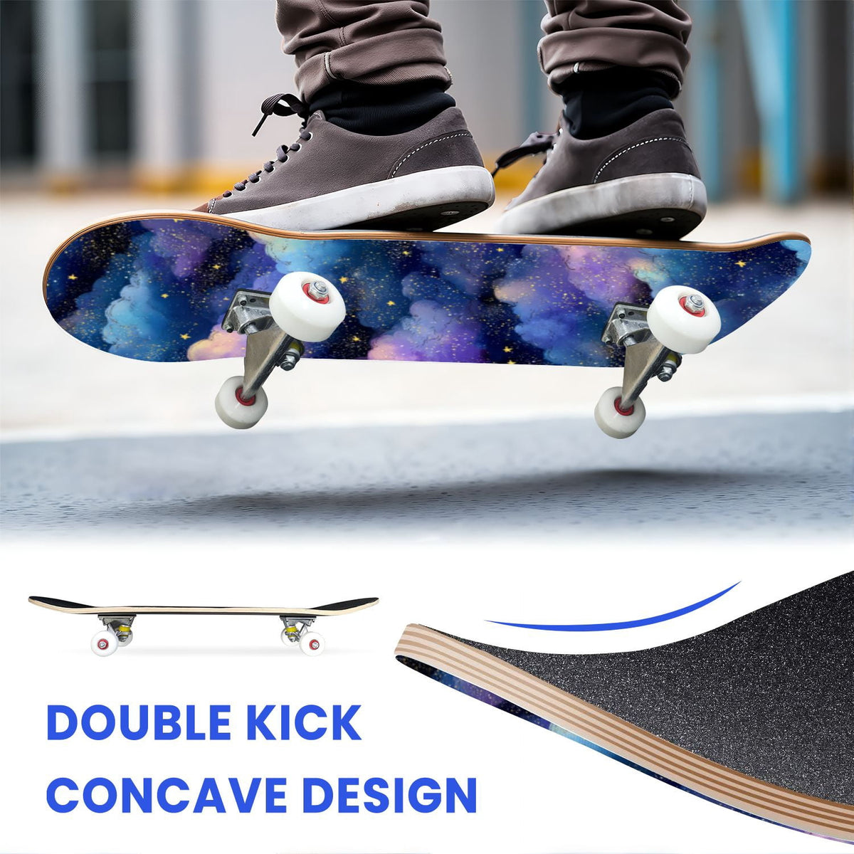31"x8" Complete Skateboards for Beginners, Pastel Clouds Sparkles Dreamy Gradient Sky Summer Decor Double Kick 7 Ply Canadian Maple Deck Skateboard with Wheels, Gifts for Kids Teens