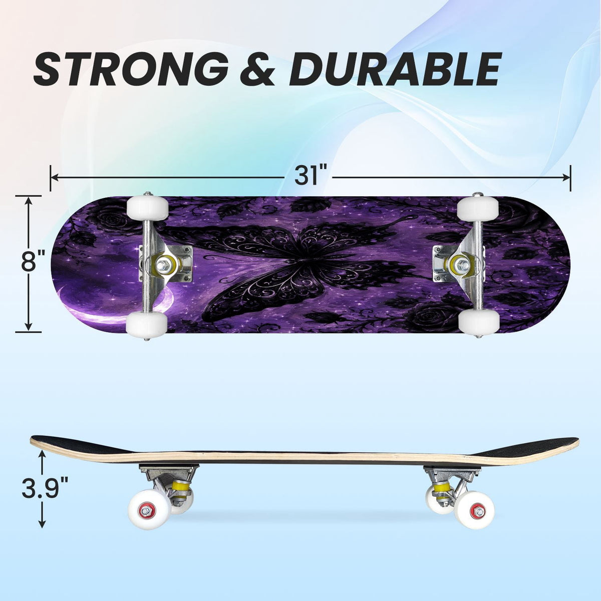 31"x8" Complete Skateboards for Beginners, Purple Floral Roses Butterfly Starry Vintage Botanical Double Kick 7 Ply Canadian Maple Deck Skateboard with Wheels, Gifts for Kids Teens