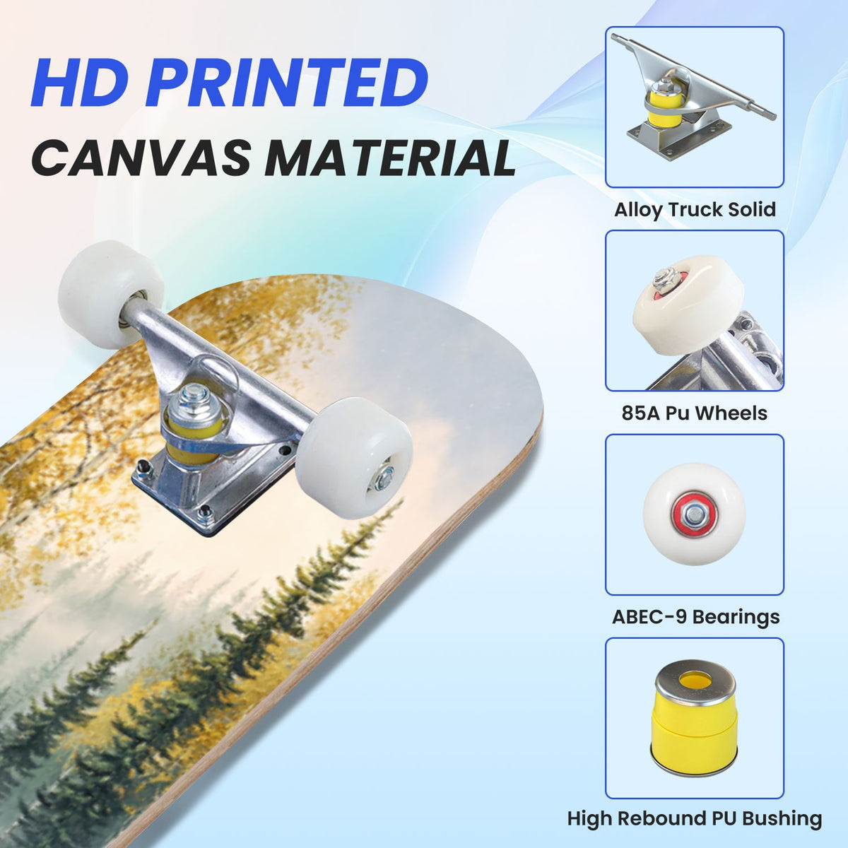 31"x8" Complete Skateboards for Beginners, Birch Trees Abstract Forest Branches Landscape Colorful Double Kick 7 Ply Canadian Maple Deck Skateboard with Wheels, Gifts for Kids Teens