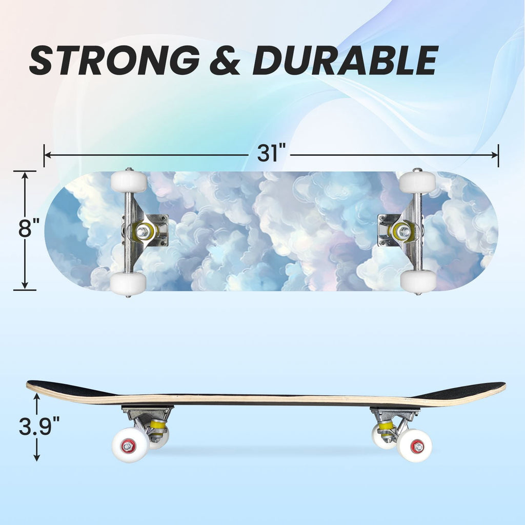 31"x8" Complete Skateboards for Beginners, Cute Light Blue Sky Cartoon Summer Decor Double Kick 7 Ply Canadian Maple Deck Skateboard with Wheels, Gifts for Kids Teens