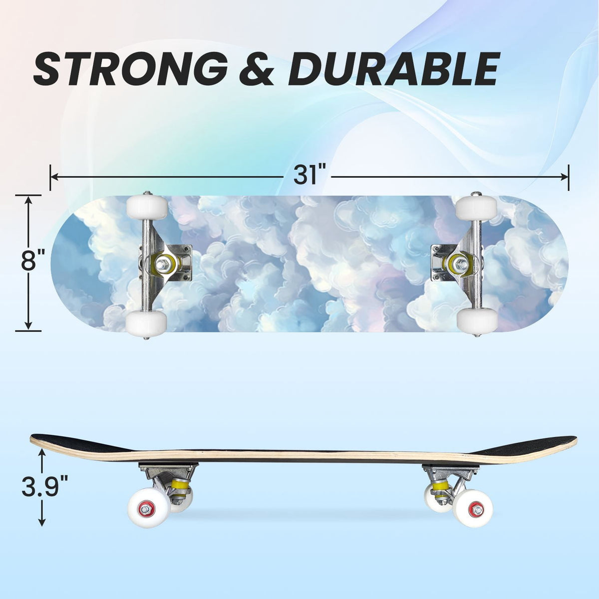 31"x8" Complete Skateboards for Beginners, Cute Light Blue Sky Cartoon Summer Decor Double Kick 7 Ply Canadian Maple Deck Skateboard with Wheels, Gifts for Kids Teens
