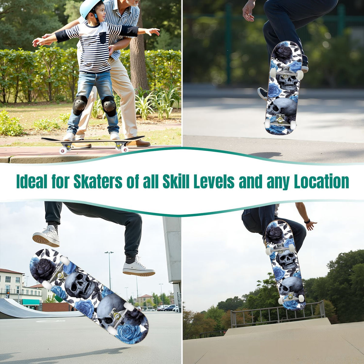 Gothic Purple Blue Floral Dark 31" x 8" Complete Skateboard, 7-Ply Canadian Maple Double Kick Trick Board for Kids and Beginners Adult Gifts