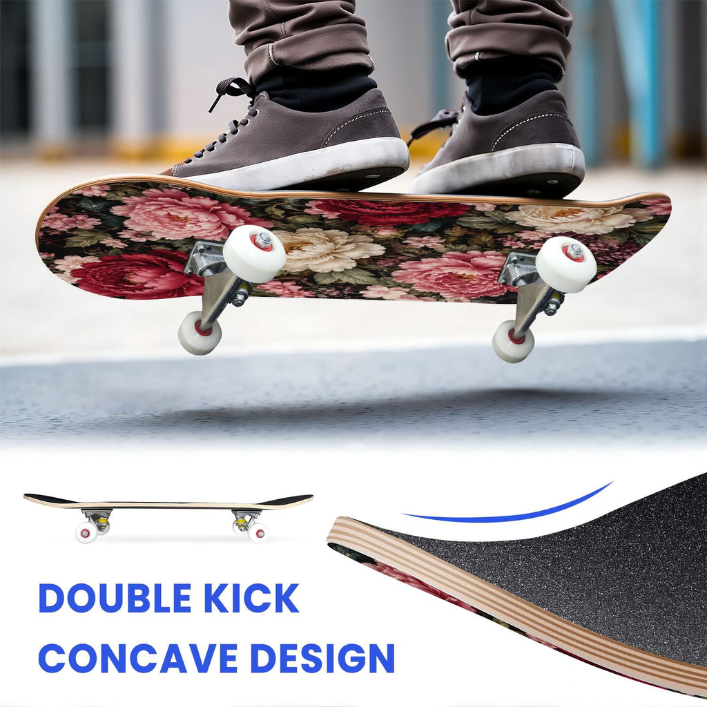 31"x8" Complete Skateboards for Beginners, Vibrant Purple Teal Floral Artwork Golden Accents Vintage Double Kick 7 Ply Canadian Maple Deck Skateboard with Wheels, Gifts for Kids Teens