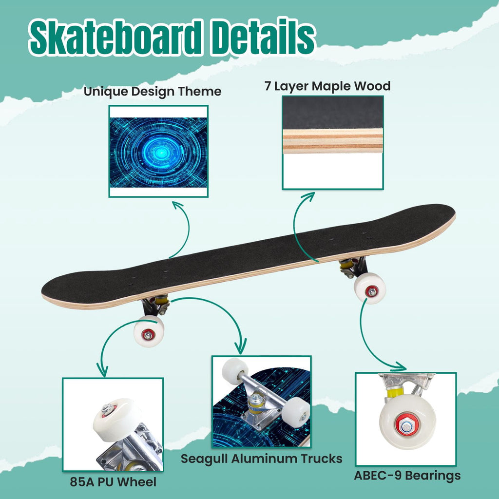 Futuristic Blue Abstract Technology Glowing Core 31" x 8" Complete Skateboard, 7-Ply Canadian Maple Double Kick Trick Board for Kids and Beginners Adult Gifts