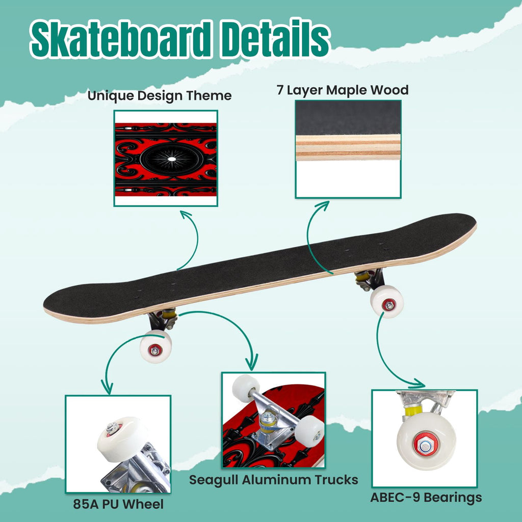 Red Mystic Circle Eyes Occult Symbols Dark Abstract Art 31" x 8" Complete Skateboard, 7-Ply Canadian Maple Double Kick Trick Board for Kids and Beginners Adult Gifts