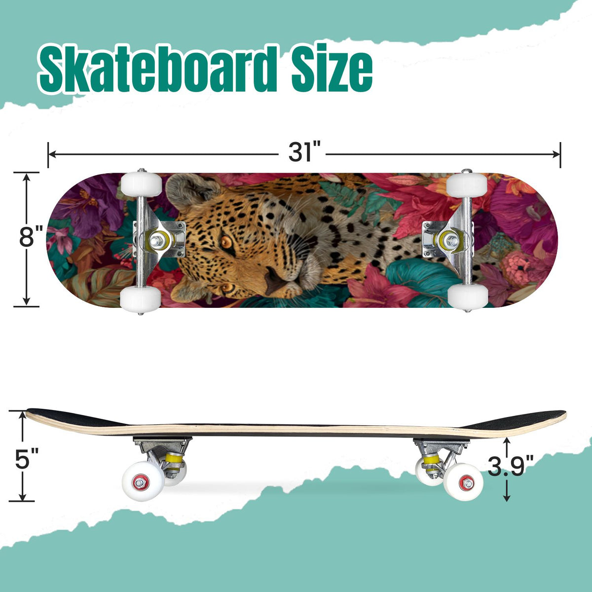 Elegant Cream Peach Peony Floral Green 31" x 8" Complete Skateboard, 7-Ply Canadian Maple Double Kick Trick Board for Kids and Beginners Adult Gifts