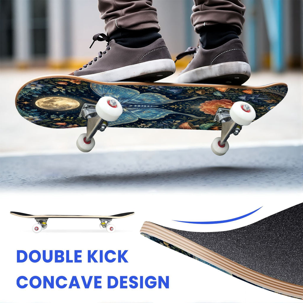 31"x8" Complete Skateboards for Beginners, Blue Moth Moonlight Flowers Mushrooms Forest Double Kick 7 Ply Canadian Maple Deck Skateboard with Wheels, Gifts for Kids Teens