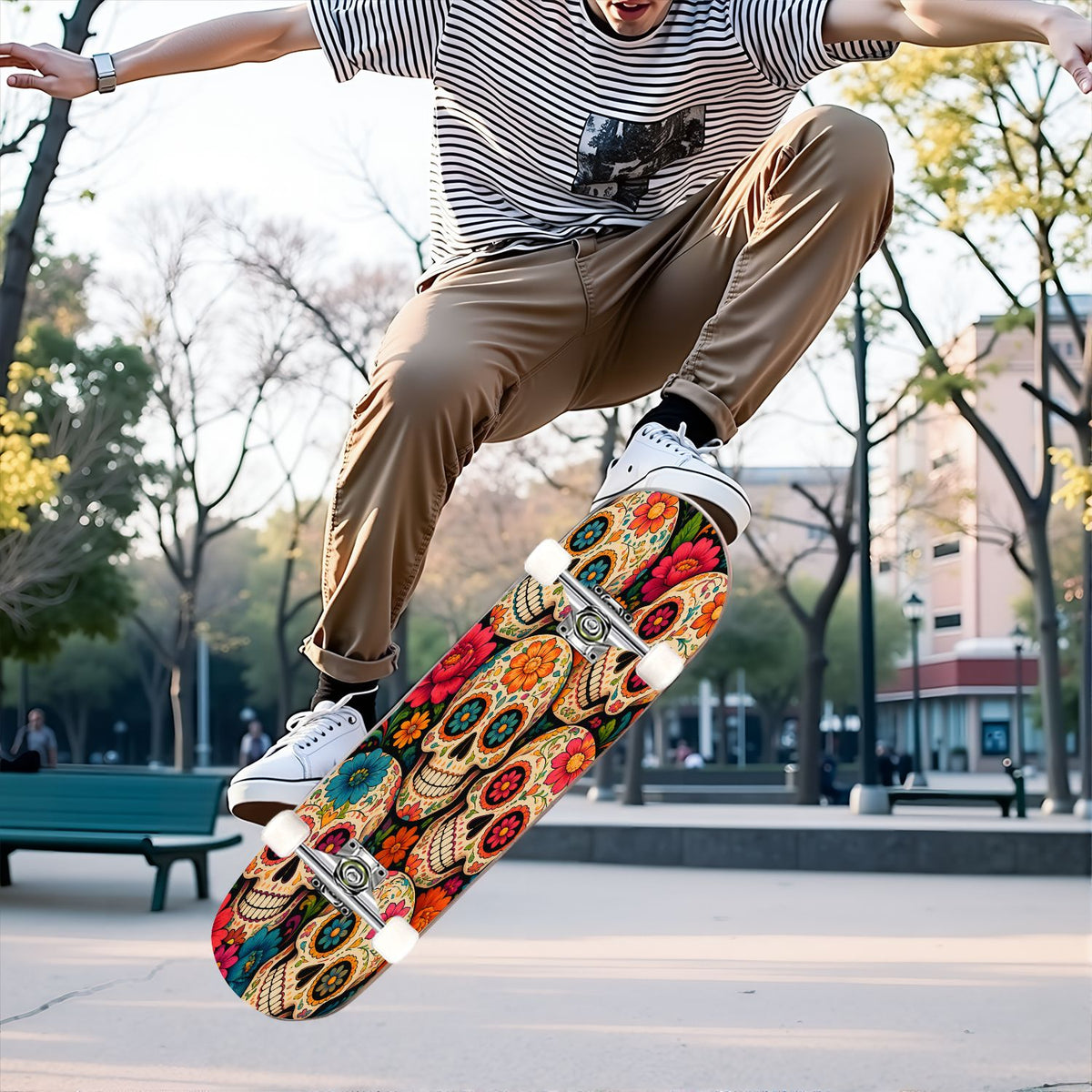 31"x8" Complete Skateboards for Beginners, Colorful Sugar Skulls Floral Patterns Mexican Double Kick 7 Ply Canadian Maple Deck Skateboard with Wheels, Gifts for Kids Teens