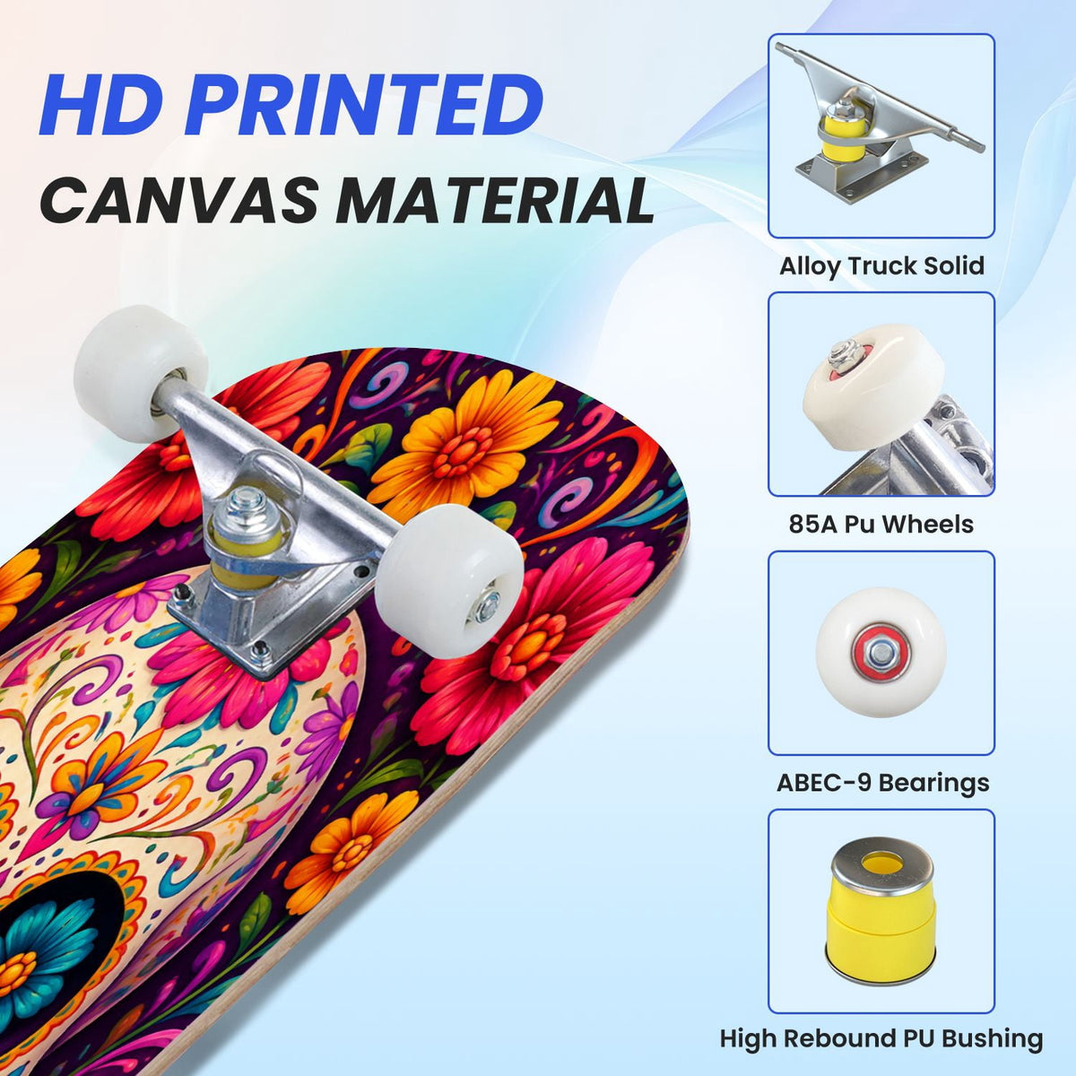 31"x8" Complete Skateboards for Beginners, Colorful Sugar Skull Vibrant Floral Day of the Dead Double Kick 7 Ply Canadian Maple Deck Skateboard with Wheels, Gifts for Kids Teens