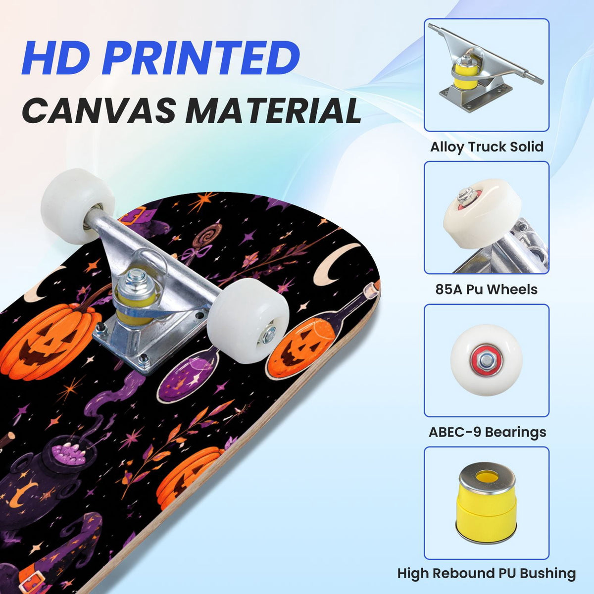 31"x8" Complete Skateboards for Beginners,Halloween Themed Pumpkins Witch Hats Spooky Double Kick 7 Ply Canadian Maple Deck Skateboard with Wheels, Gifts for Kids Teens