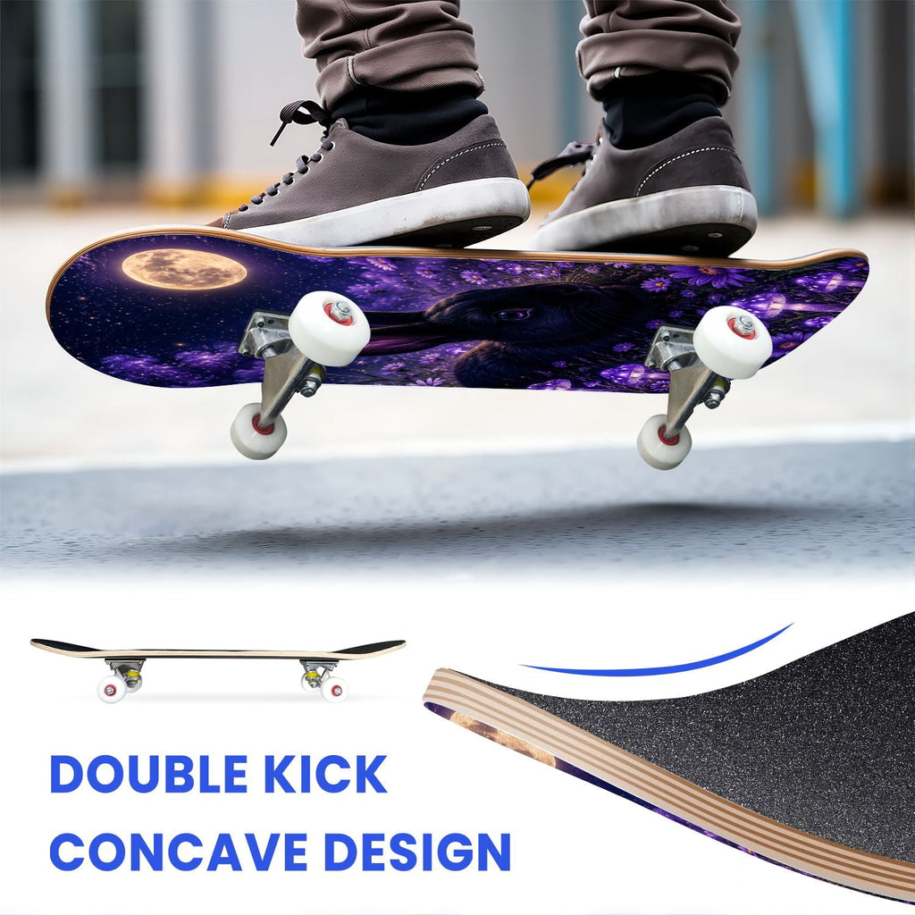 31"x8" Complete Skateboards for Beginners, Glowing Bioluminescent Mushrooms Mystical Forest Double Kick 7 Ply Canadian Maple Deck Skateboard with Wheels, Gifts for Kids Teens